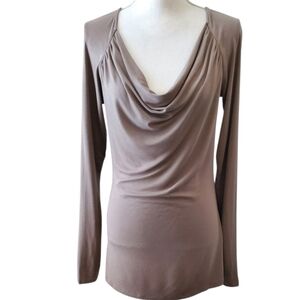 INC International Concepts Taupe Draped Neckline Long Sleeve Blouse Size L